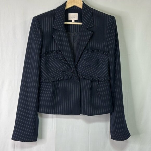 🦭 cinq à sept navy pinstripe ruffle blazer - Picture 1 of 5